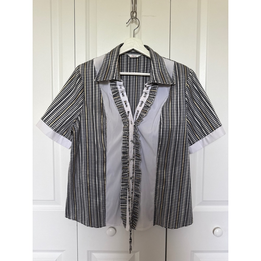 Vintage Alexo Plaid Ruffle Lace Up Blouse Metallic Gold Short Sleeve Top 55